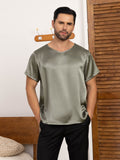 SilkSilky CA Pure Silk Short Sleeve V Neck Men's T Shirt GrayishGreen 001