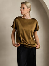 [Brown] SilkSilky-CA Short Sleeve Boat Neck Women's T-Shirt 004
