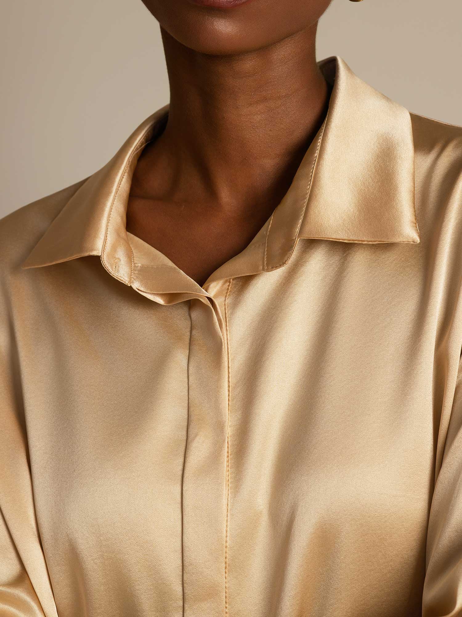 [Champagne] SilkSilky-CA 19Momme Silk Long Sleeve Lapel Collar Women's Shirt 006