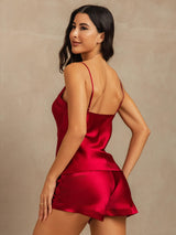 [Wine] SilkSilky-CA Spaghetti Strap V Neck Camisole Set 002