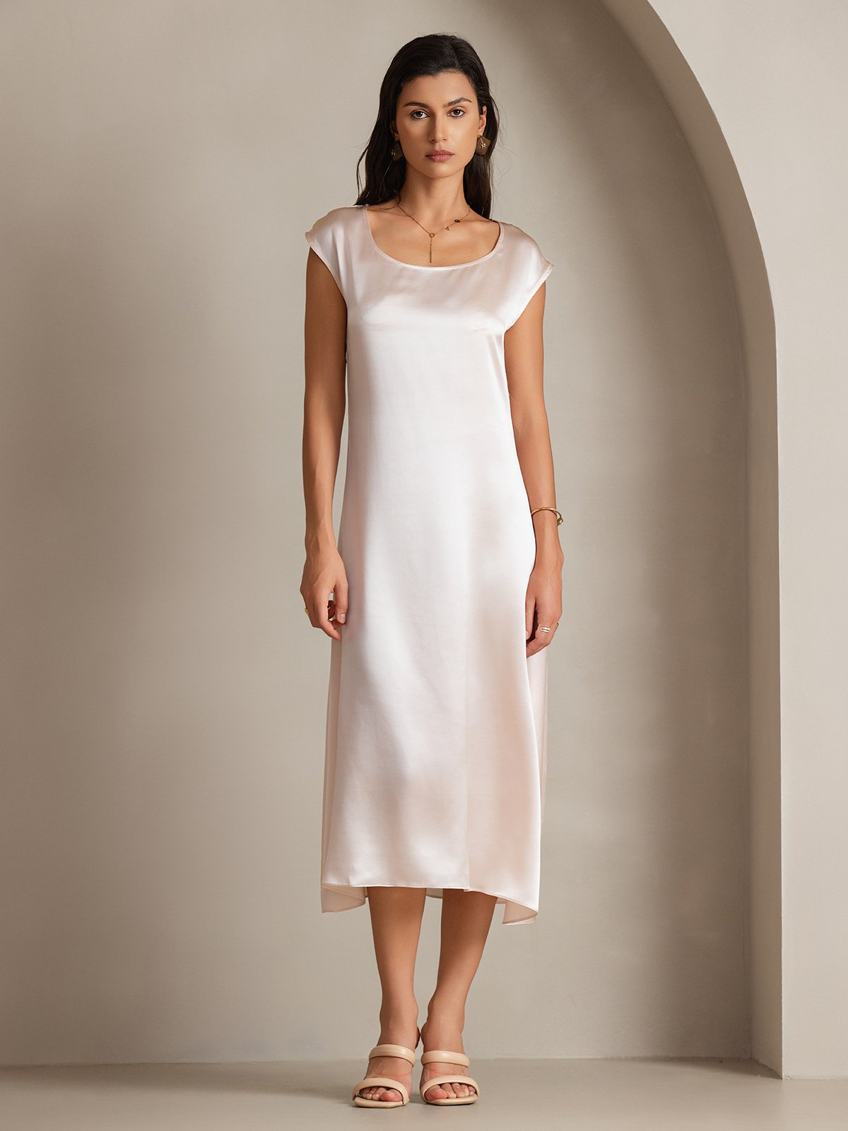 [Pink] SilkSilky-CA 19Momme Silk Cap Sleeve Round Neck Dress 004