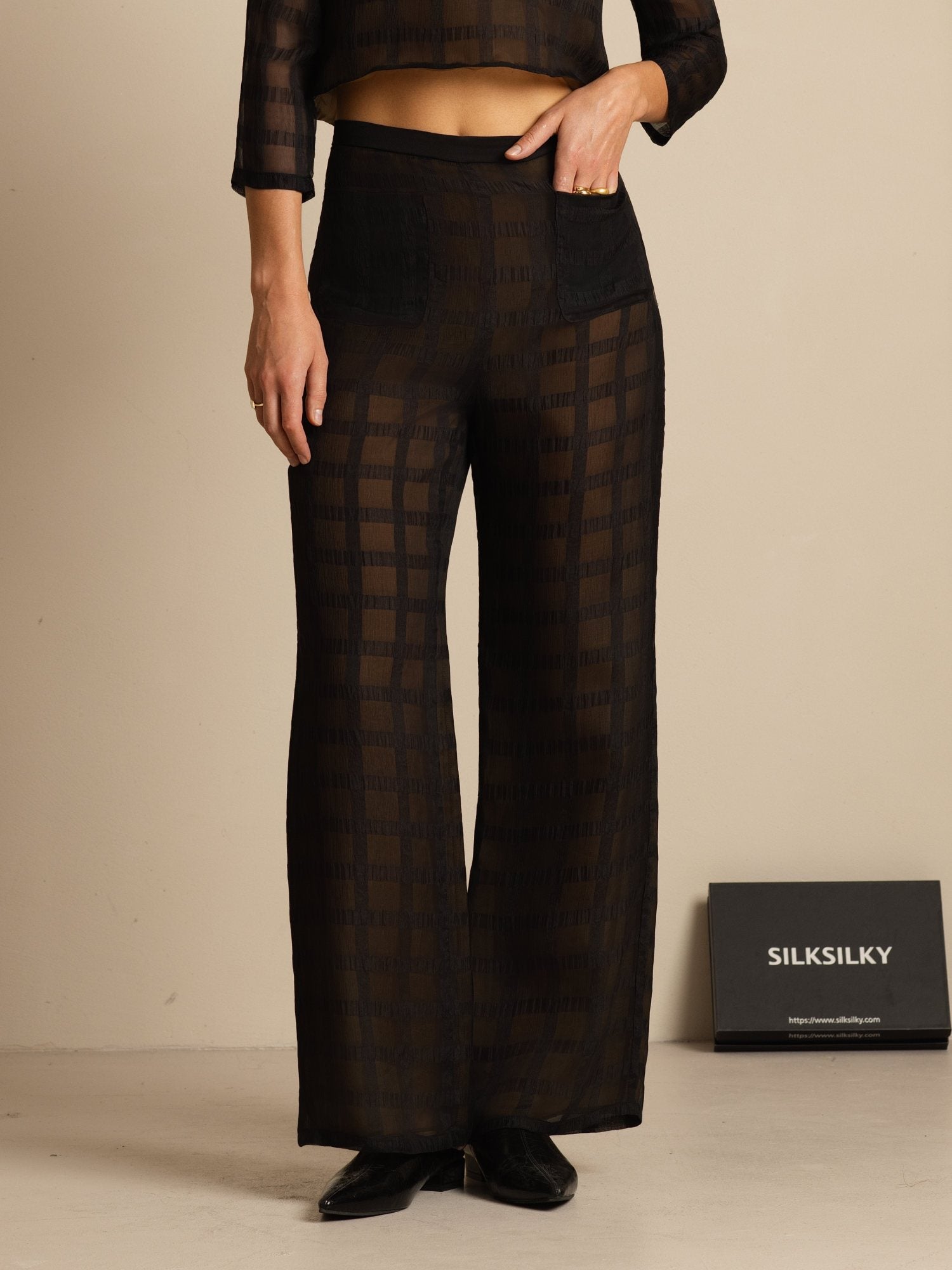 [Black] SilkSilky-CA Pure Silk Womens Pants 005