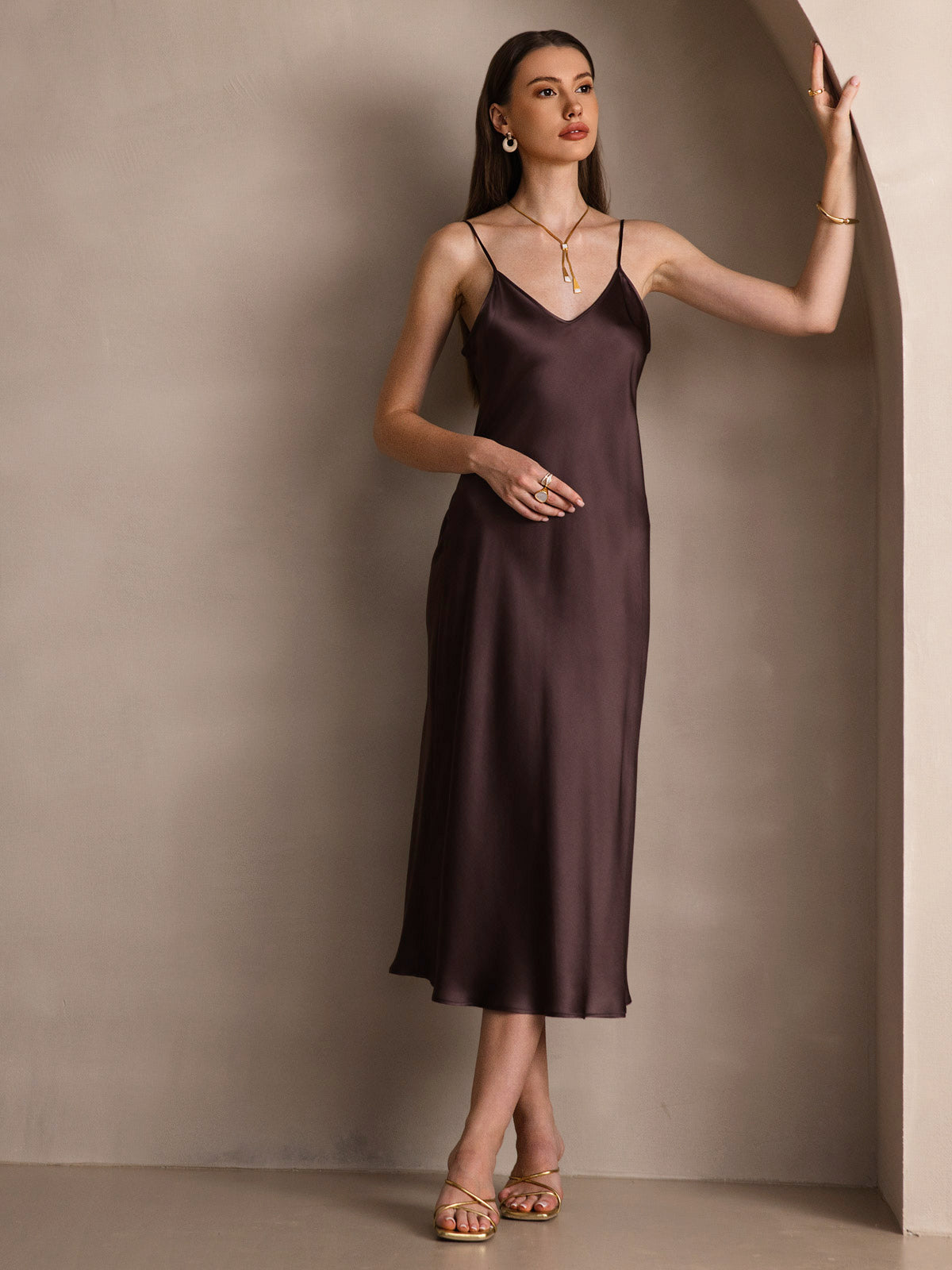 SilkSilky-CA Pure Silk Sleeveless Round Neck Dress Coffee 006