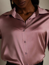[Pale Mauve] SilkSilky-CA 19Momme Stretch Silk Charmeuse 3/4 Sleeve Lapel Collar Women's Shirt 008