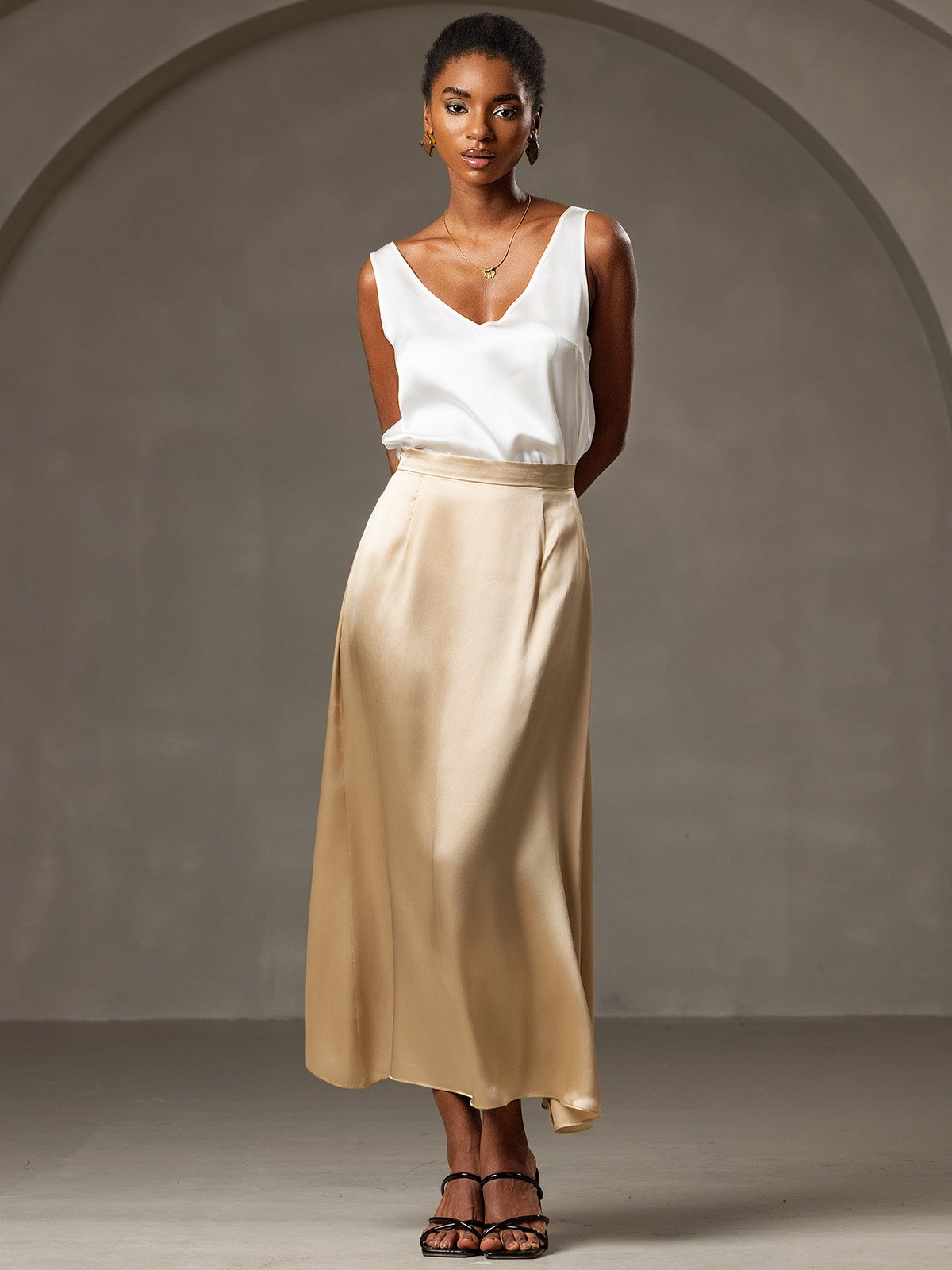 [Champagne] SilkSilky-CA 19Momme Stretch Silk Charmeuse Skirt 001