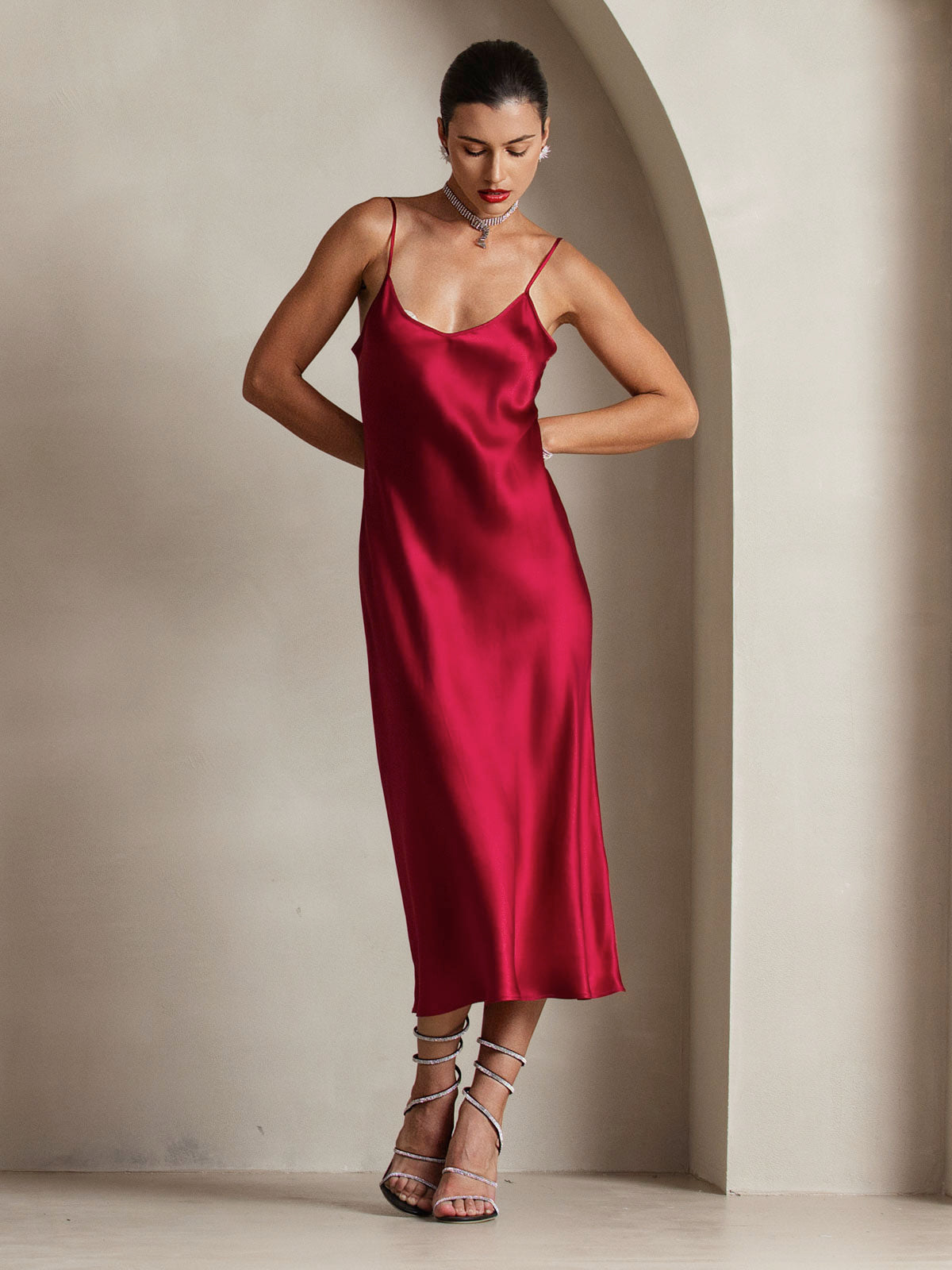 SilkSilky-CA Pure Silk Sleeveless Round Neck Dress Wine 003