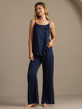 [Dark Blue] SilkSilky-CA 19Momme Machine-Washable Silk Spaghetti Strap Scoop Neck Camisole Set 006