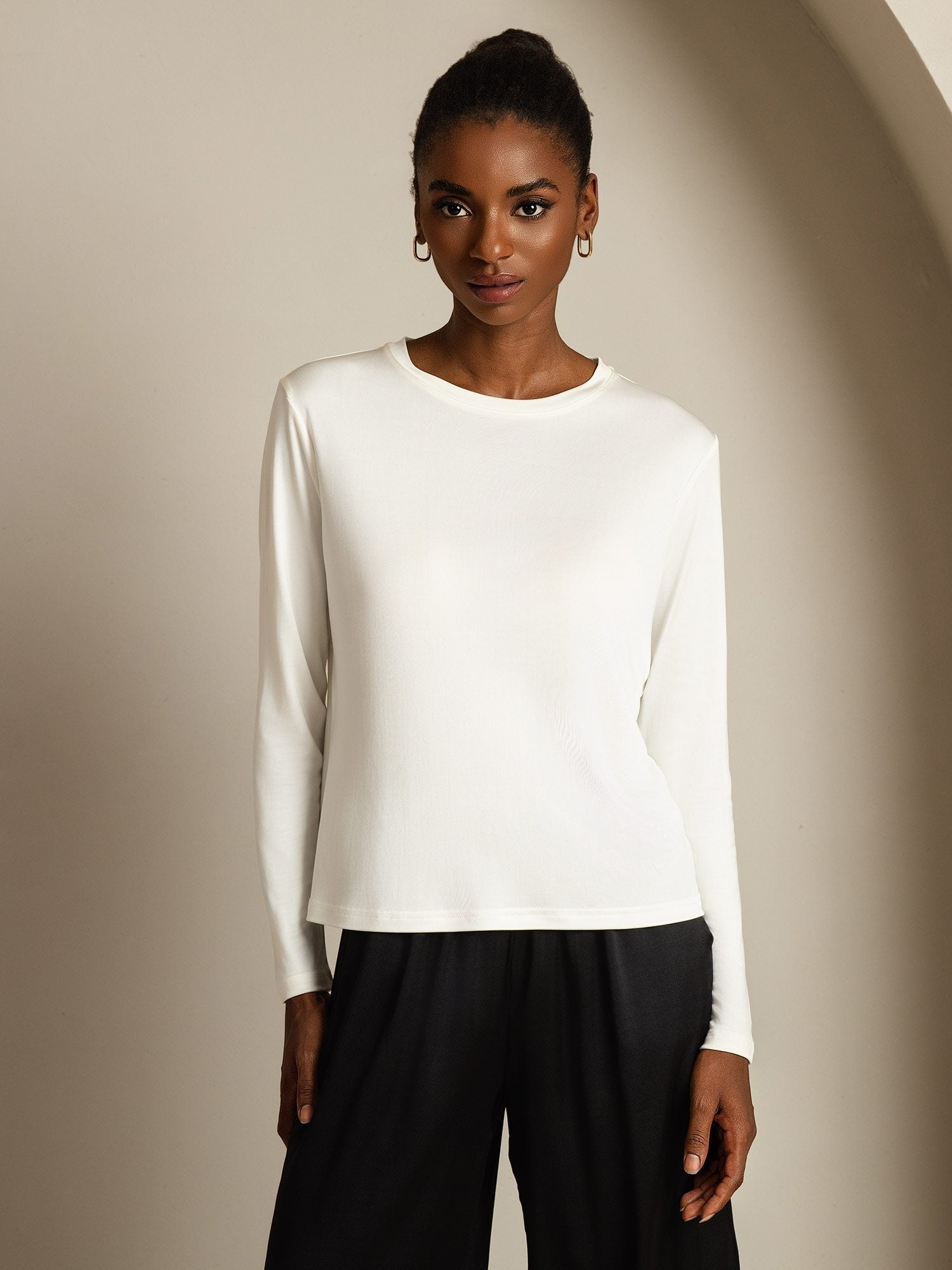 [White] SilkSilky-CA Pure Silk Womens T-Shirt 003,