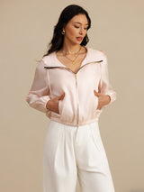 [Pink] SilkSilky-CA 18Momme Silk Satin Surah Long Sleeve Stand Collar Women's Outerwear 003