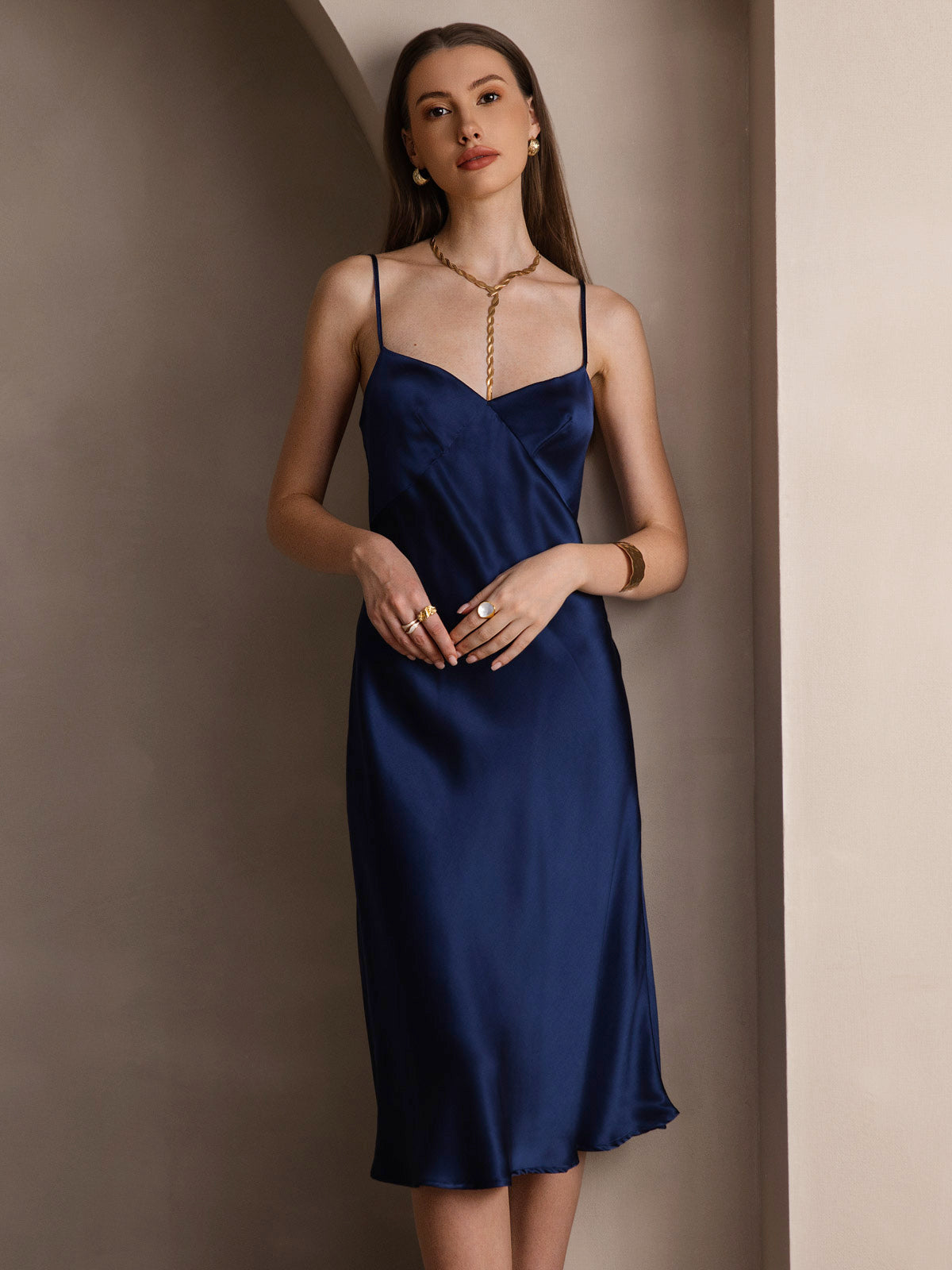 SilkSilky-CA 19Momme Pure Silk Sleeveless V Neck Dress DarkBlue 004