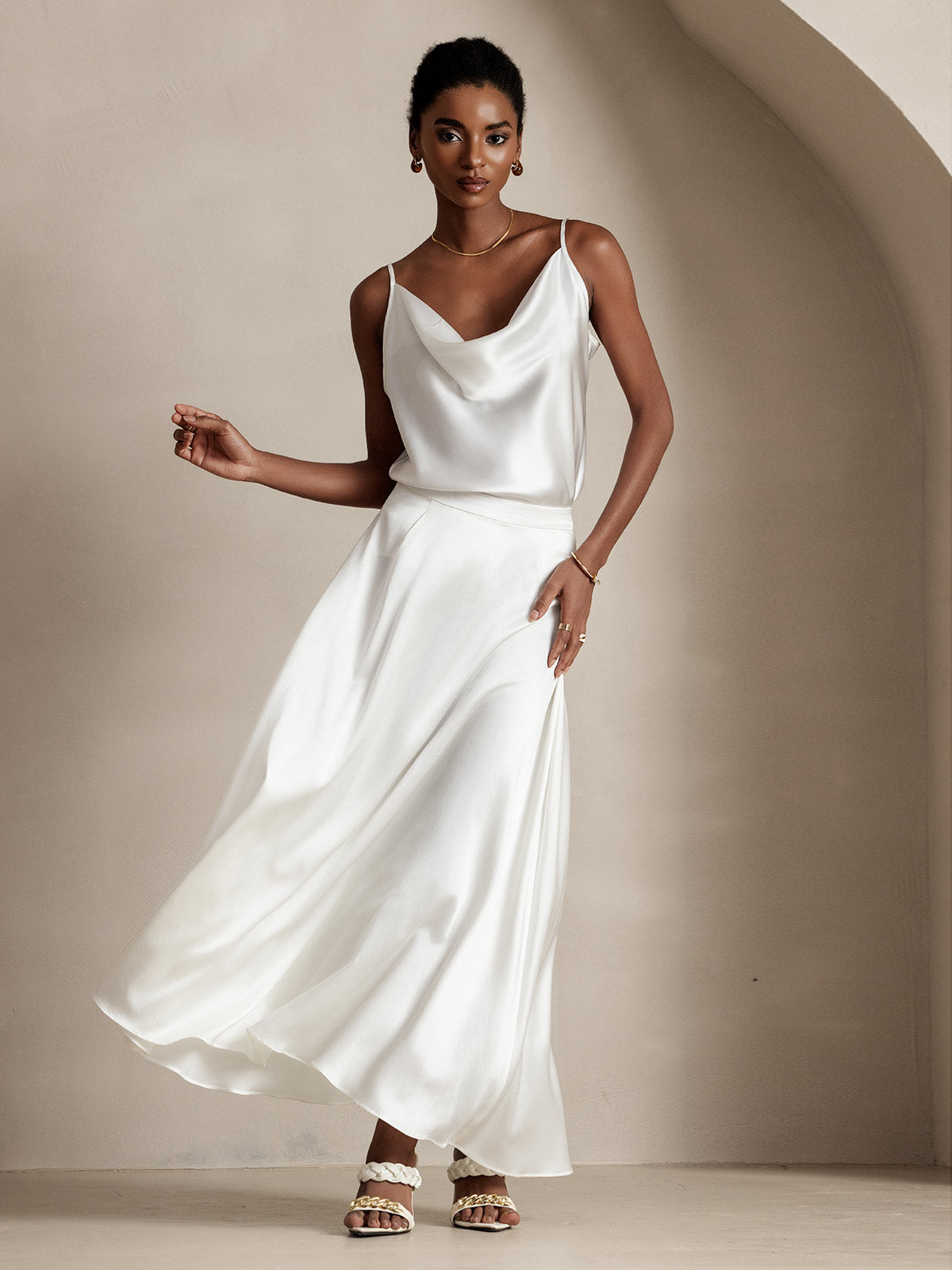 [White] SilkSilky-CA 19Momme Stretch Silk Charmeuse Skirt 001