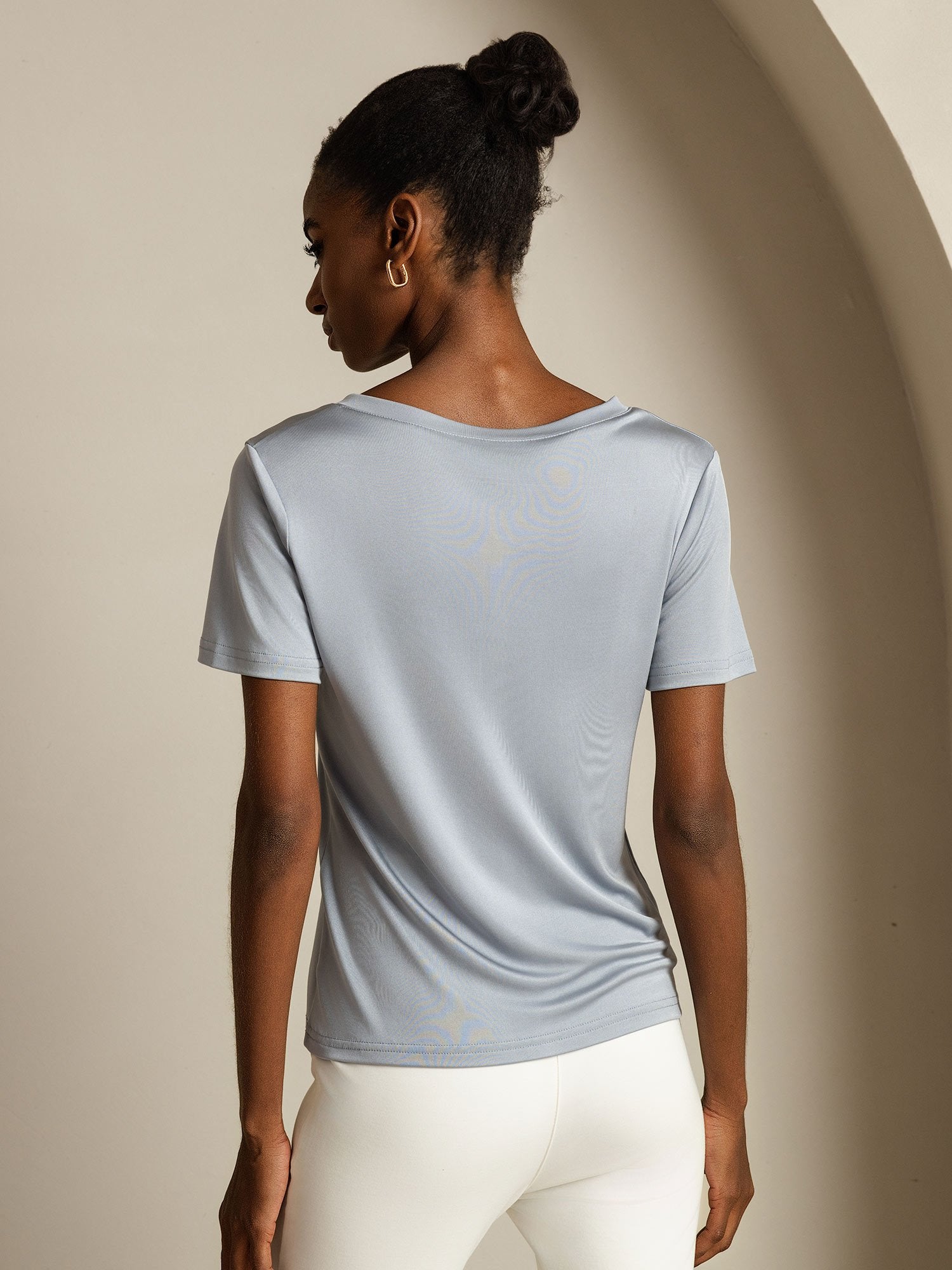 [LightGray] SilkSilky-CA Pure Silk V Neck Women's T-Shirt 002