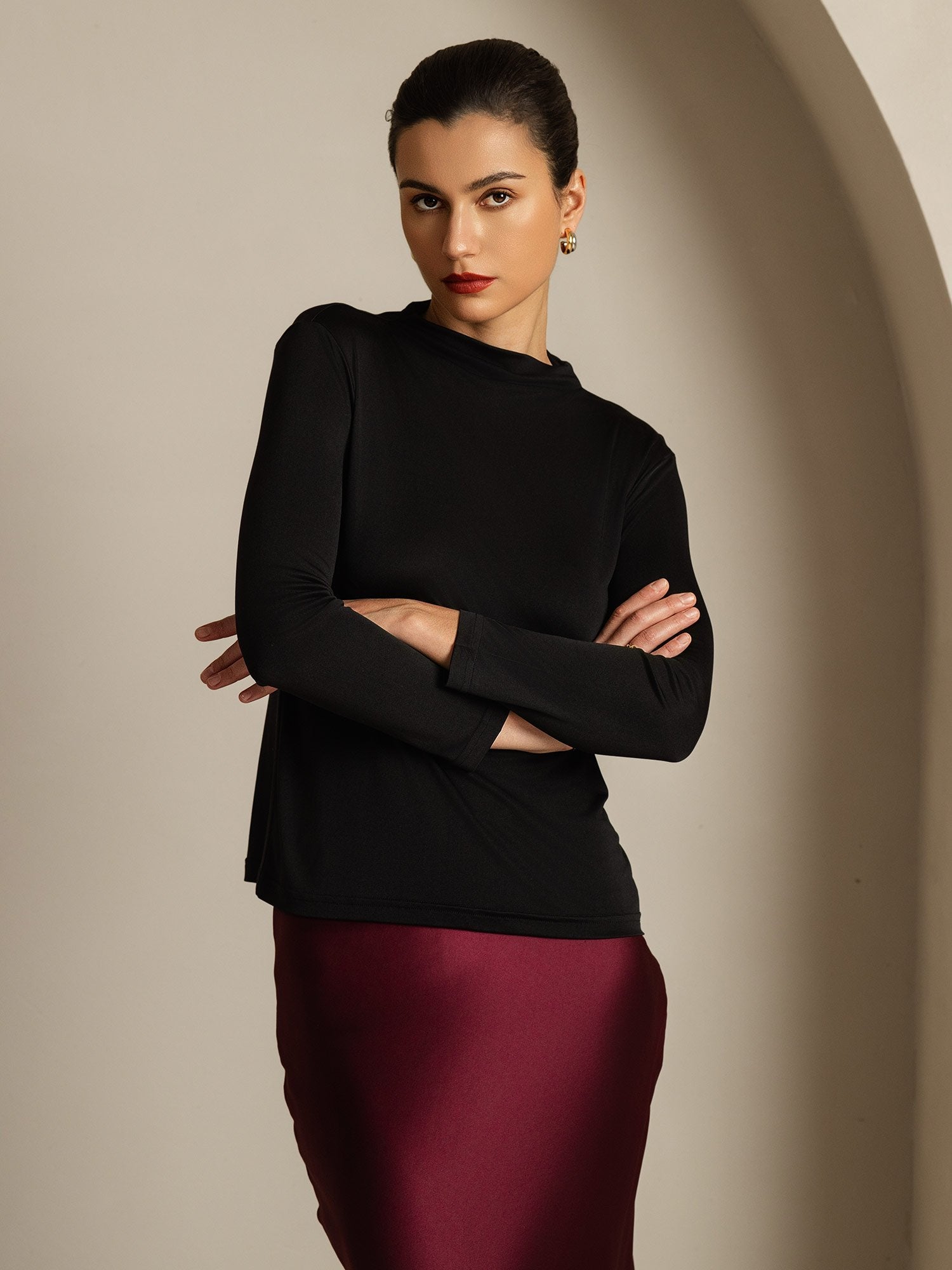 [Black] SilkSilky-CA Pure Silk High Neck Women's T-Shirt 003