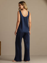 [Dark Blue] SilkSilky-CA 19Momme Machine-Washable Silk Sleeveless Scoop Neck Women's Pajamas 002