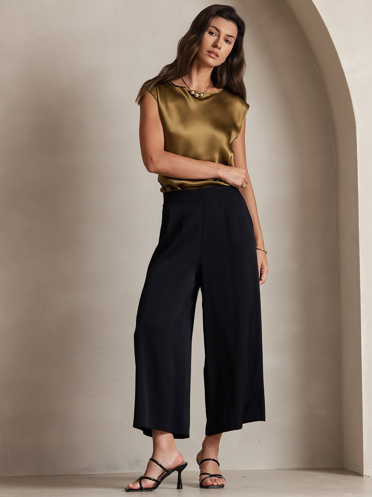 [Brown] SilkSilky-CA 19Momme Silk Round Neck Women's T-Shirt 006