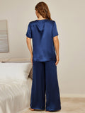 SilkSilky CA Pure Silk Short Sleeve Round Neck Women's Pajamas DarkBlue 002