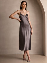 [Dark Khaki] SilkSilky-CA Spaghetti Strap V Neck Dress 005