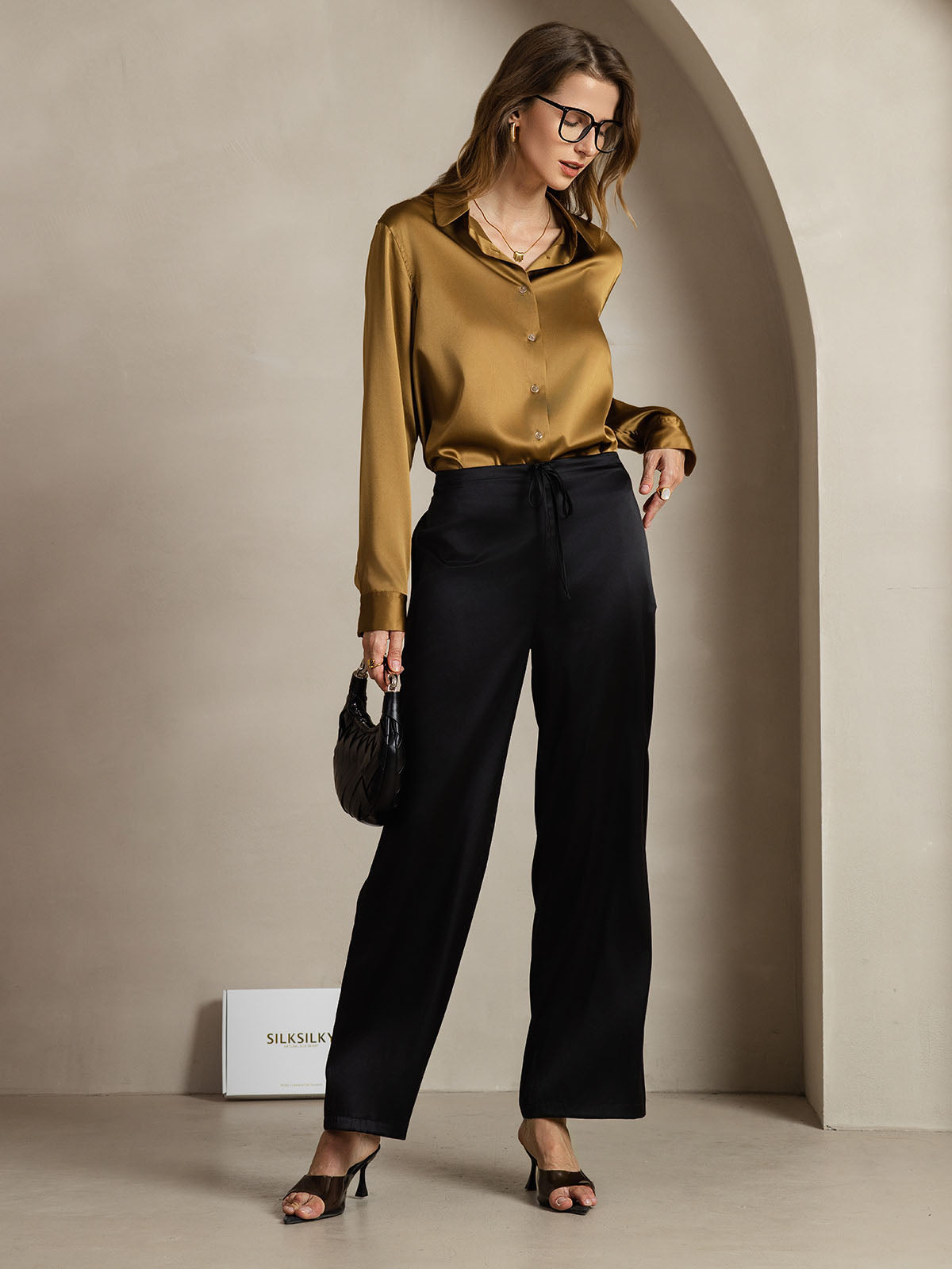 [Bronze] SilkSilky-CA Silk Long Sleeve Lapel Collar Women's Shirt 003