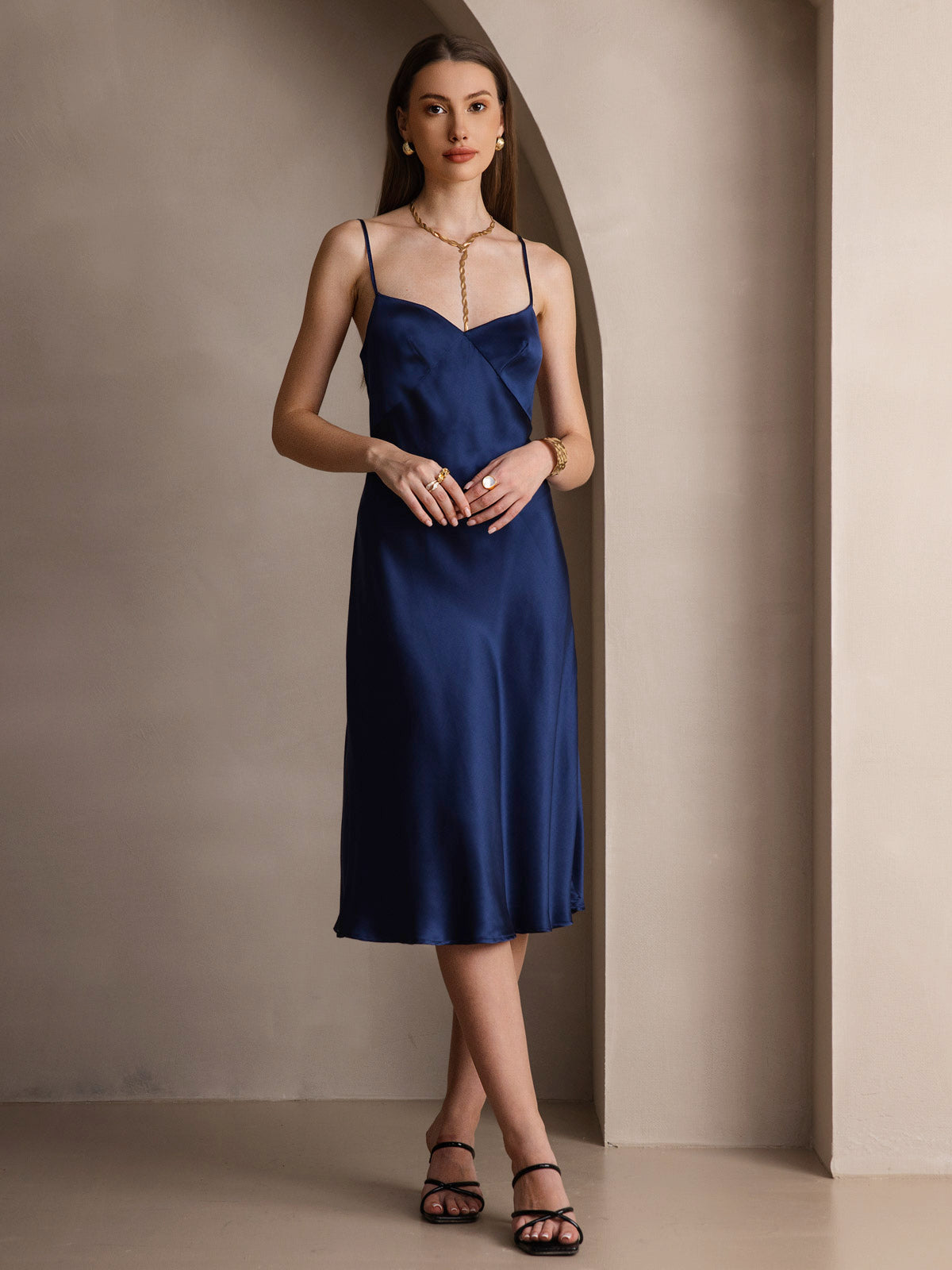 [Dark Blue] SilkSilky-CA 19Momme Pure Silk V Neck Dress 005