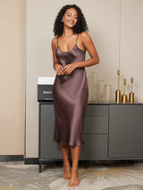 [Coffee] SilkSilky-CA Spaghetti Strap V Neck Nightgown 004