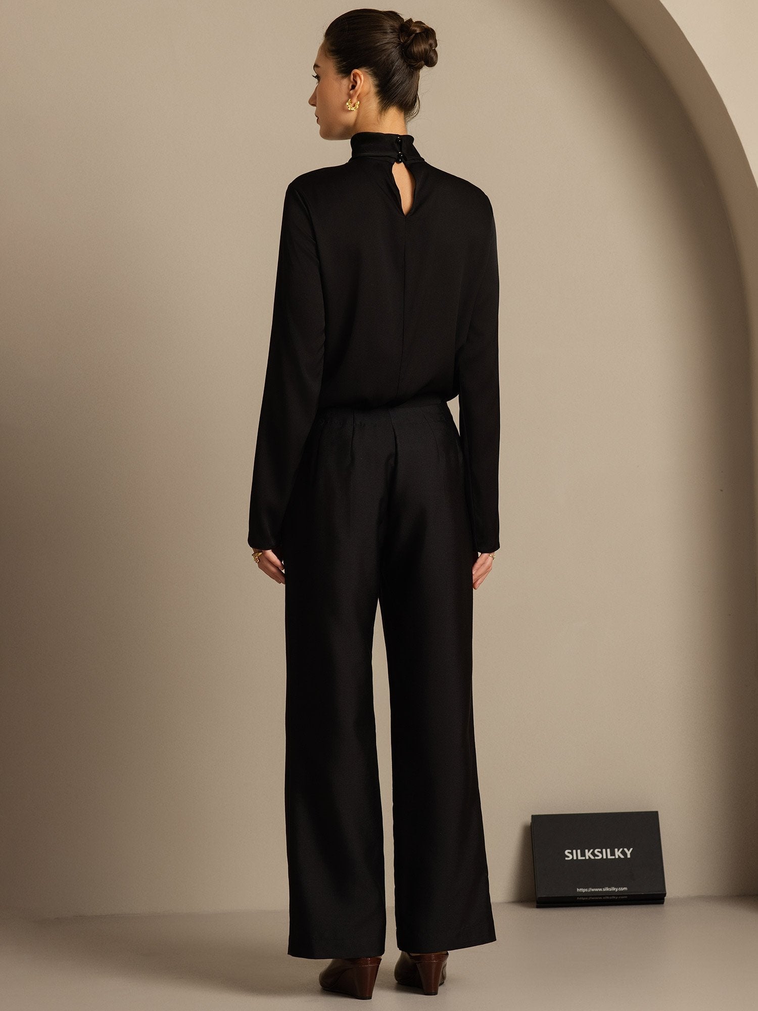 [Black] SilkSilky-CA 32Momme Silk-Wool Blend Womens Pants 002,