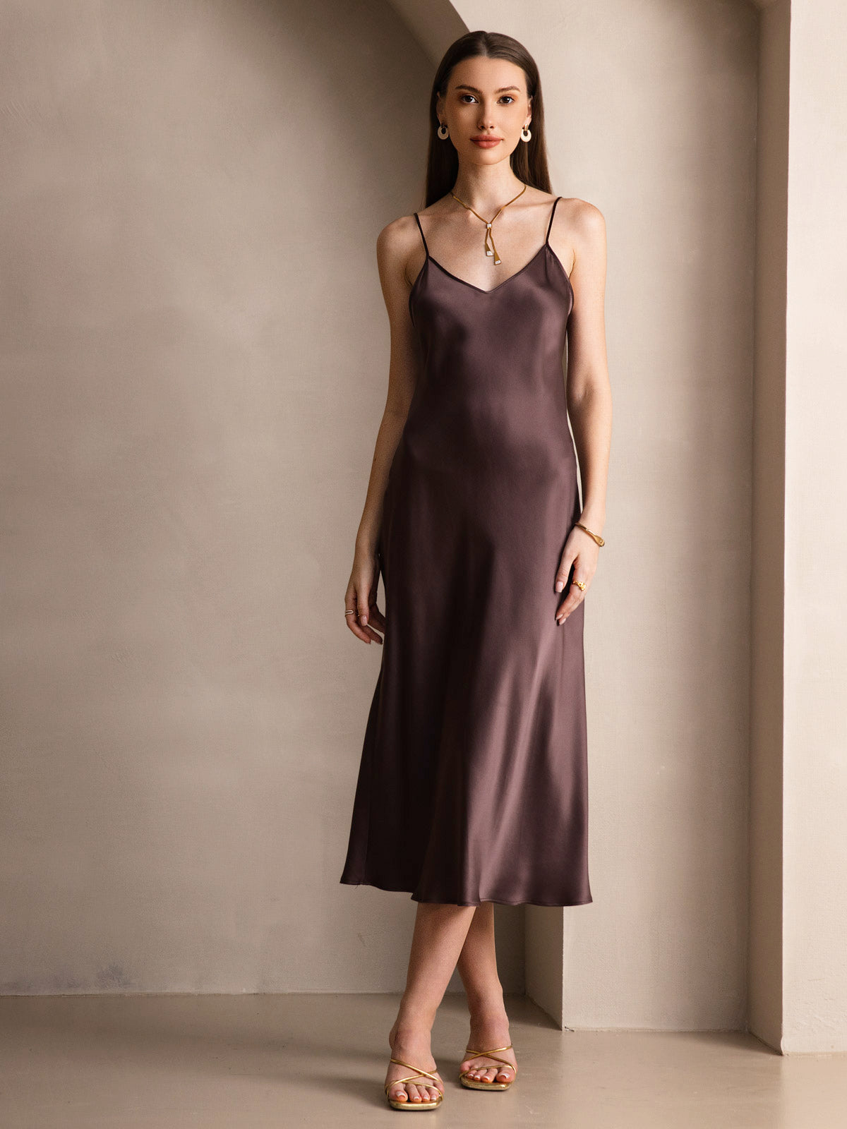 [Coffee] SilkSilky-CA Pure Silk Round Neck Dress 006