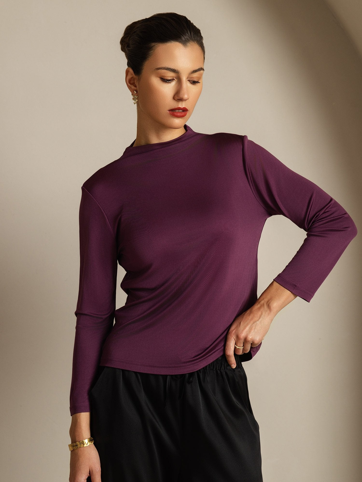 [Purple] SilkSilky-CA Pure Silk High Neck Women's T-Shirt 003