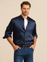 [Dark Blue] SilkSilky-CA Long Sleeve Stand Collar Men''s Shirt 001