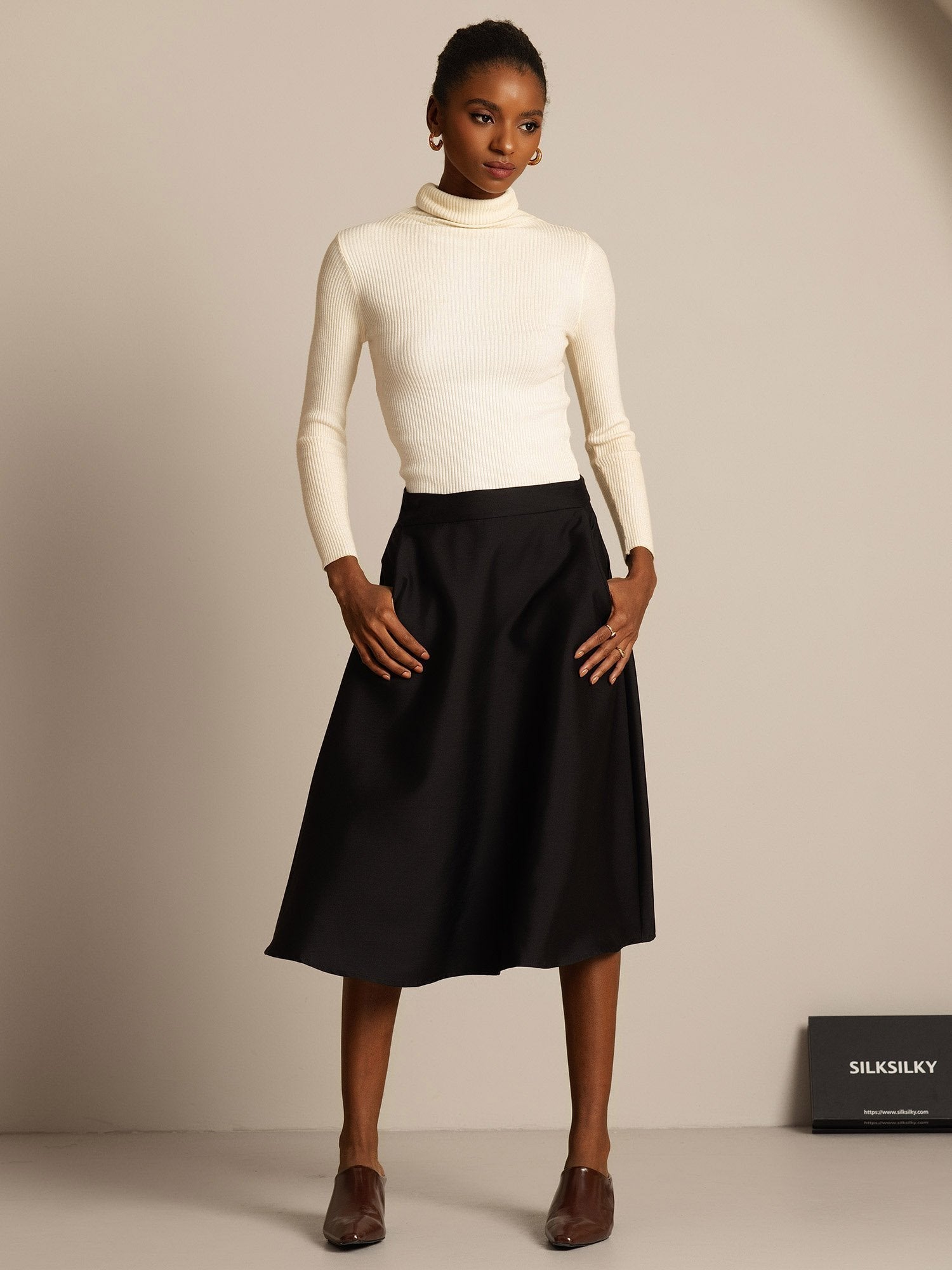 [Black] SilkSilky-CA 32Momme Silk-Wool Blend Skirt 007,