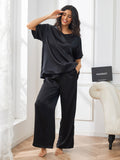 SilkSilky CA Pure Silk Short Sleeve V Neck Women's Pajamas Black 003