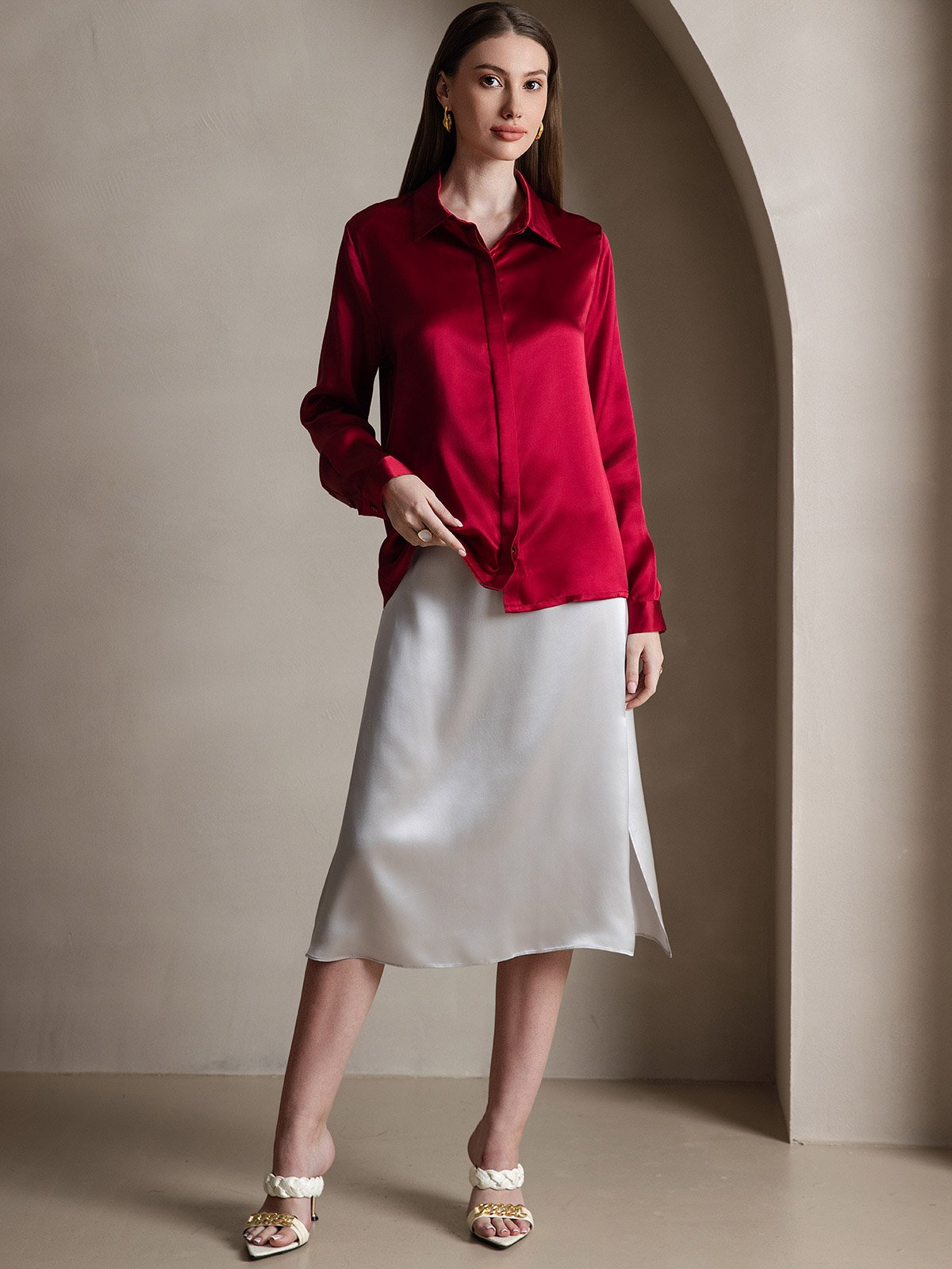 [Wine] SilkSilky-CA 19Momme Silk Long Sleeve Lapel Collar Women's Shirt 005