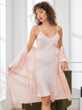 SilkSilky CA Pure Silk 3/4 Sleeve Nightgown&Robe Set LightPink 003