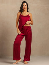 [Wine] SilkSilky-CA 19Momme Machine-Washable Silk Spaghetti Strap Scoop Neck Camisole Set 005