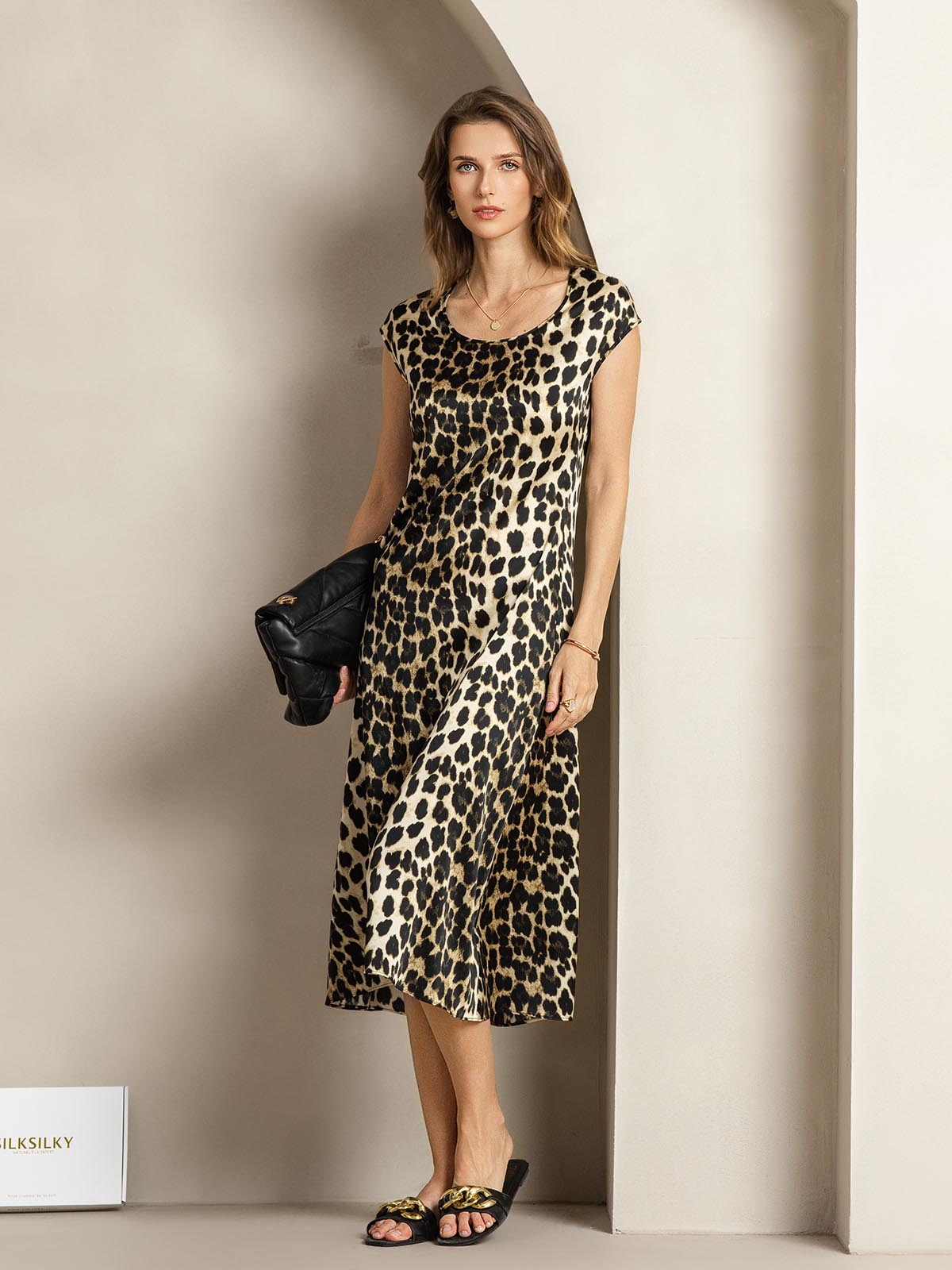 [Leopard] SilkSilky-CA 19Momme Silk Round Neck Dress 005