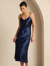 [Dark Blue] SilkSilky-CA Spaghetti Strap V Neck Dress 007