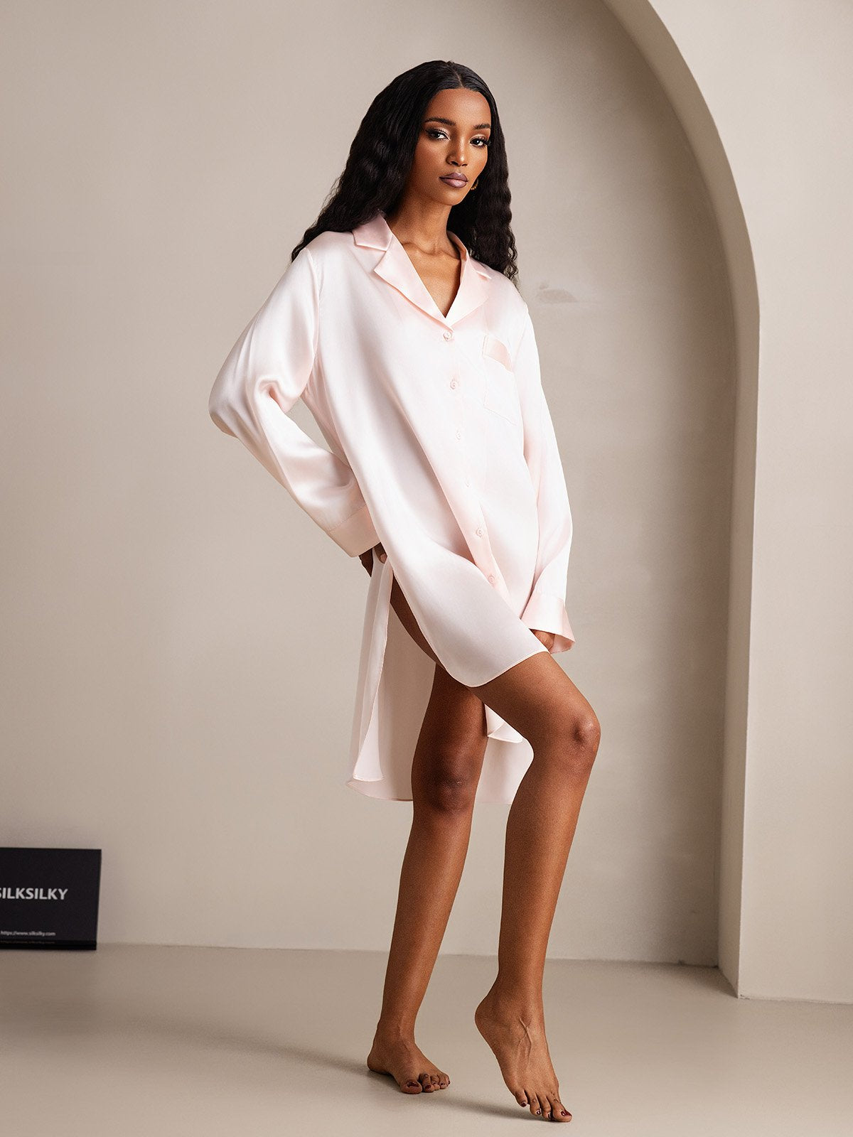 [LightPink] SilkSilky-CA Pure Silk Split Nightgown 005