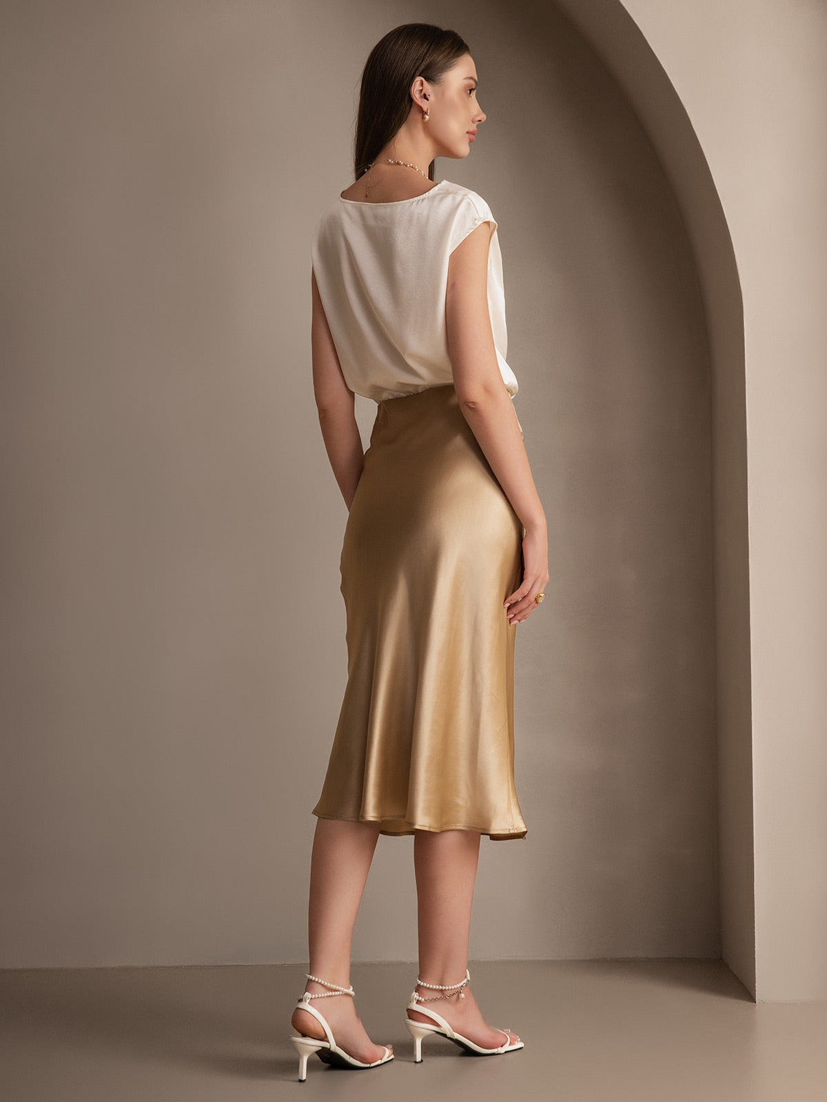 [Champagne] SilkSilky-CA 19Momme Pure Silk Skirt 007,