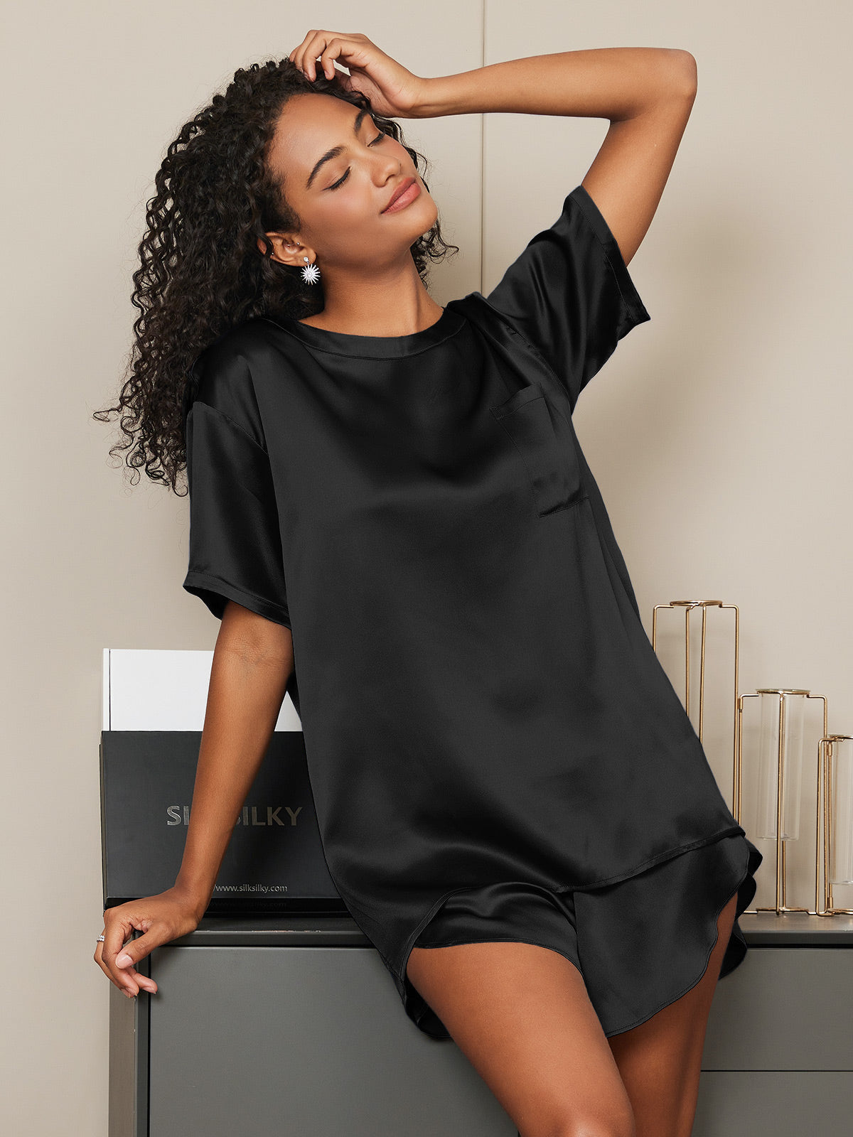 [Black] SilkSilky-CA Pure Silk Round Neck Women's Pajamas 006