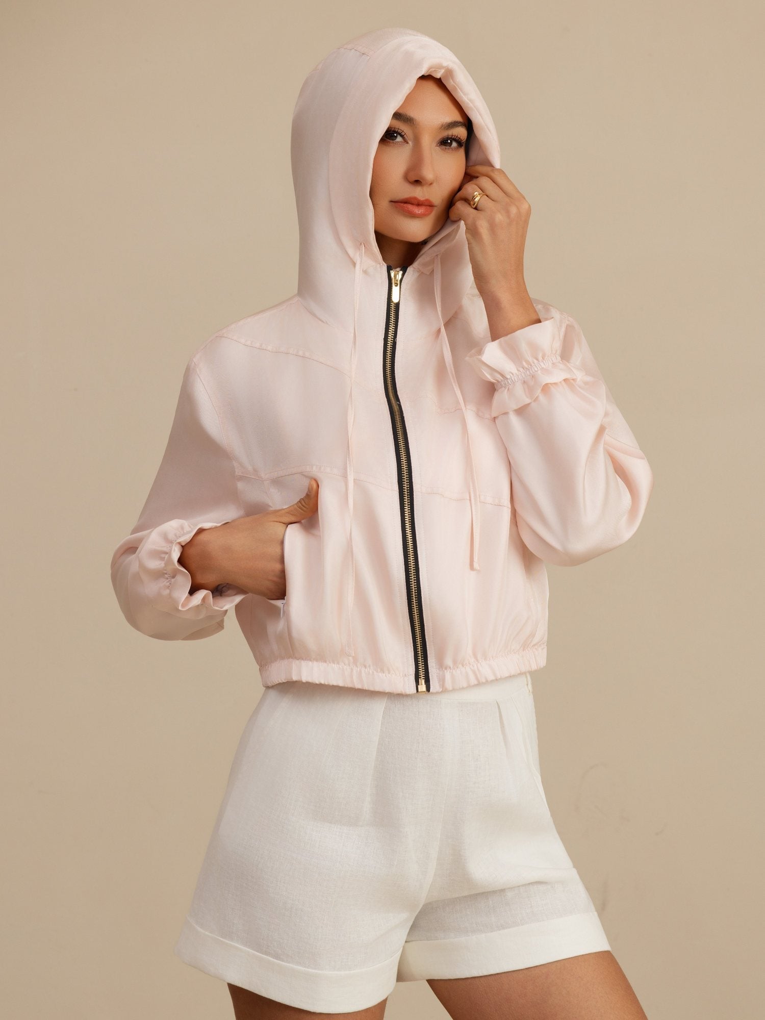 [Pink] SilkSilky-CA 18Momme Silk Satin Surah Long Sleeve High Neck Women's Outerwear 006