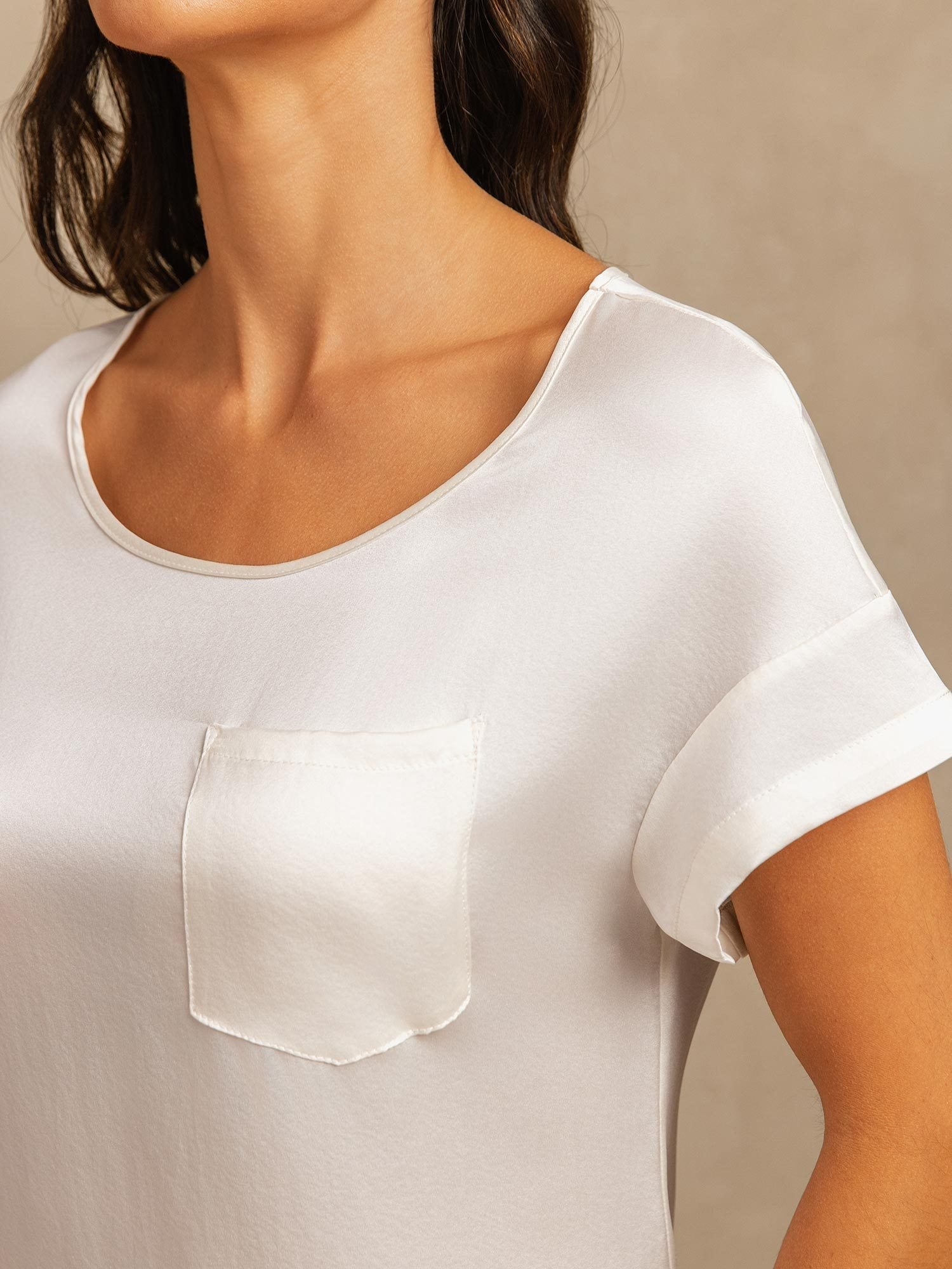 [White] SilkSilky-CA 19Momme Silk Round Neck Nightgown 004