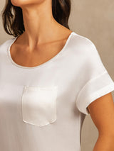 [White] SilkSilky-CA 19Momme Machine-Washable Silk Short Sleeve Round Neck Nightgown 004