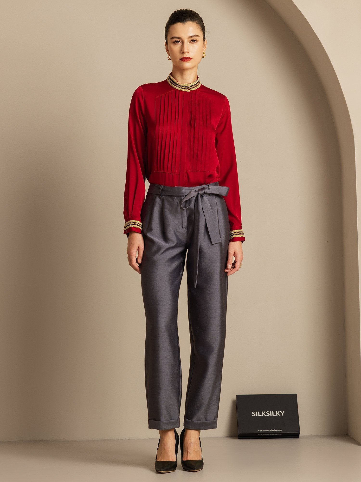 [Gray] SilkSilky-CA 32Momme Silk-Wool Blend Womens Pants 006,