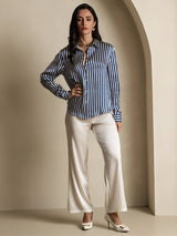 [Navy Stripe] SilkSilky-CA Long Sleeve Lapel Collar Women's Shirt 008