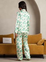 [Green Floral] SilkSilky-CA Pure Silk Notch Collar Women's Pajamas 003,