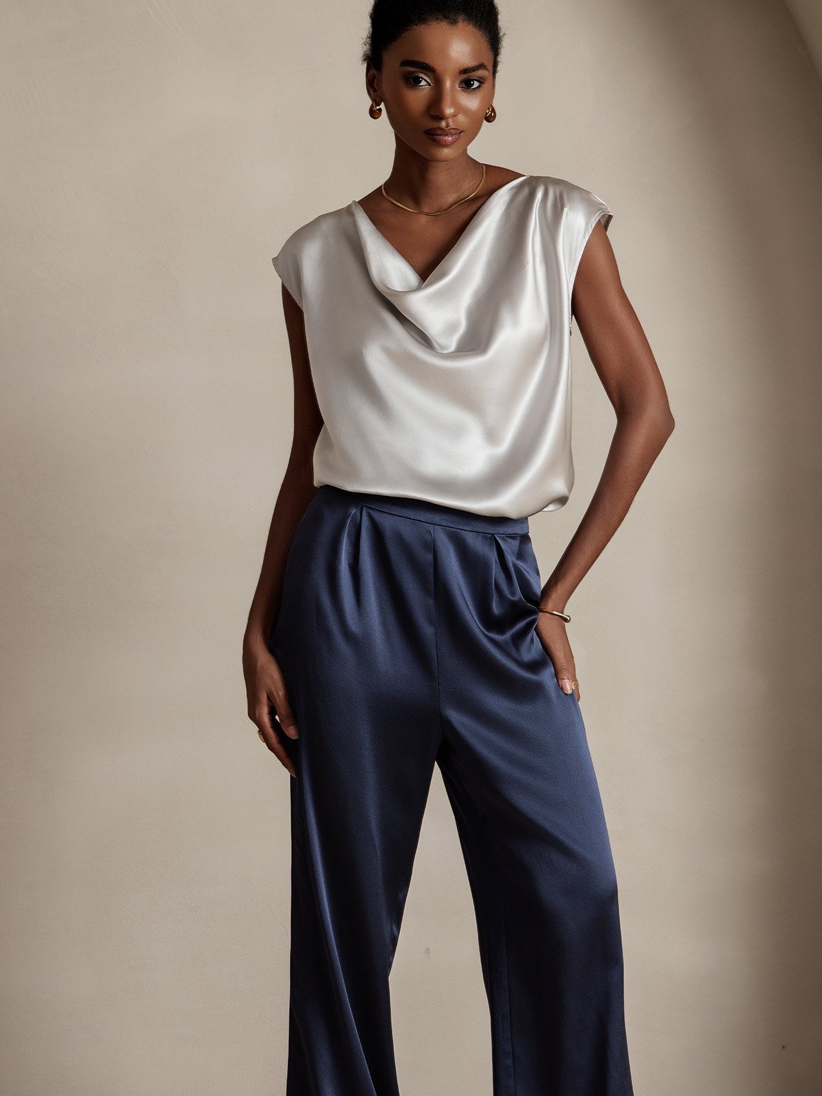 [Light Gray] SilkSilky-CA 19Momme Silk Cap Sleeve Cowl Neck Women's T-Shirt 003