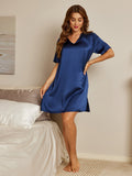 SilkSilky-CA Pure Silk Short Sleeve V Neck Nightgown DarkBlue 003