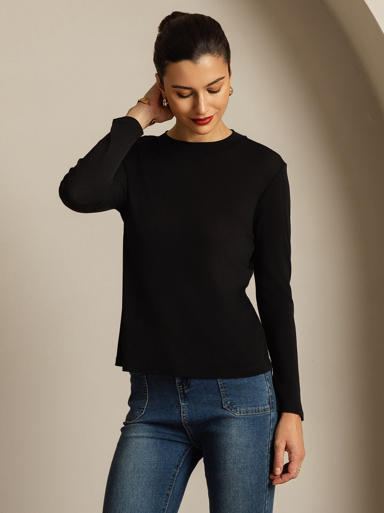 [Black] SilkSilky-CA Pure Silk Round Neck Women's T-Shirt 006