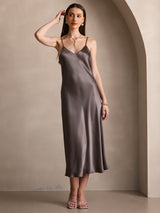 [Dark Khaki] SilkSilky-CA Spaghetti Strap V Neck Dress 004