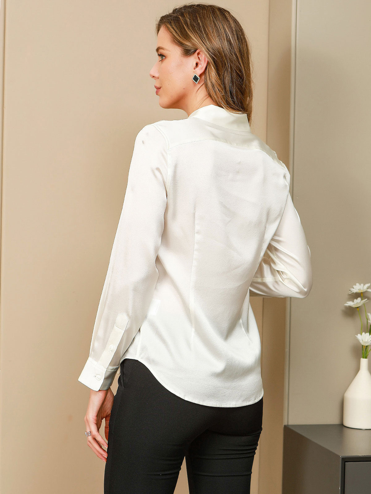 [White] SilkSilky-CA 19Momme Stretch Silk Charmeuse Long Sleeve Lapel Collar Women's Shirt 002
