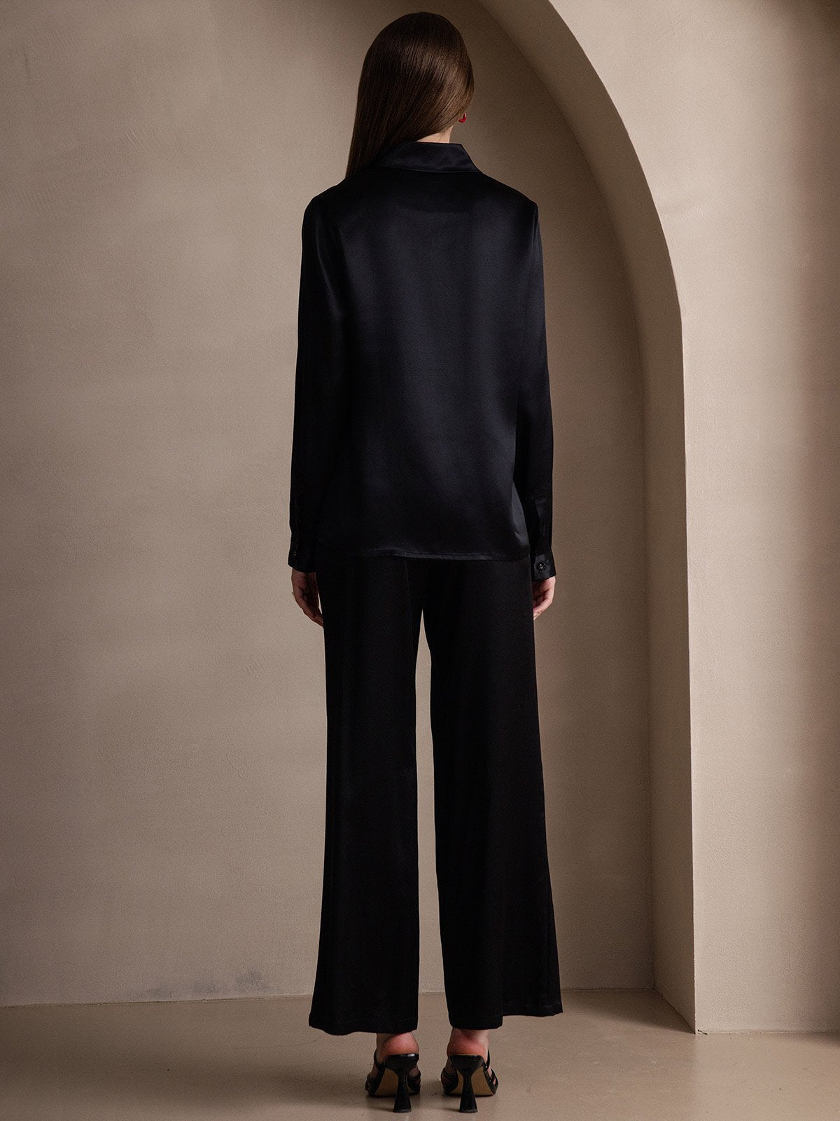 [Black] SilkSilky-CA 19Momme Silk Long Sleeve Lapel Collar Women's Shirt 002